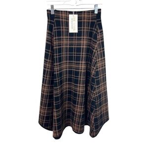 THE LYNK Women’s XS A Line Midi Skirt Soft Stretchy Black Brown Plaid NEW!